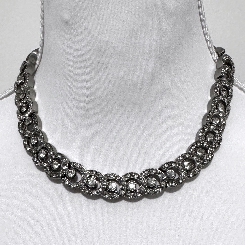 Crown Trifari Vintage Necklace Rhinestone Crescent Link Choker Silvertone